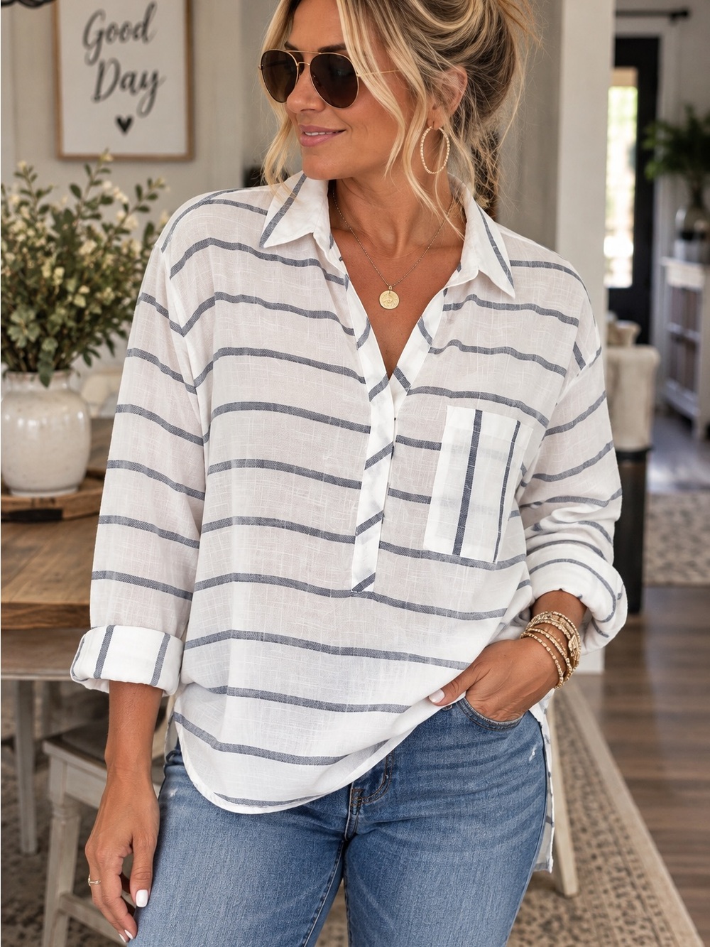 BeachLunchLounge Coastal Striped Tunic Shirt M